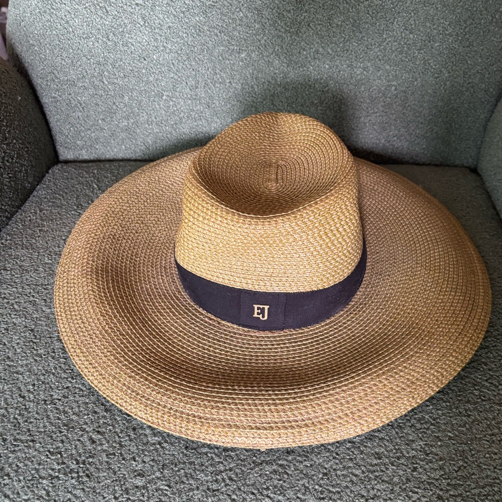 Eric Javits Natural Straw Sun Hat with Black Band and EJ Accent